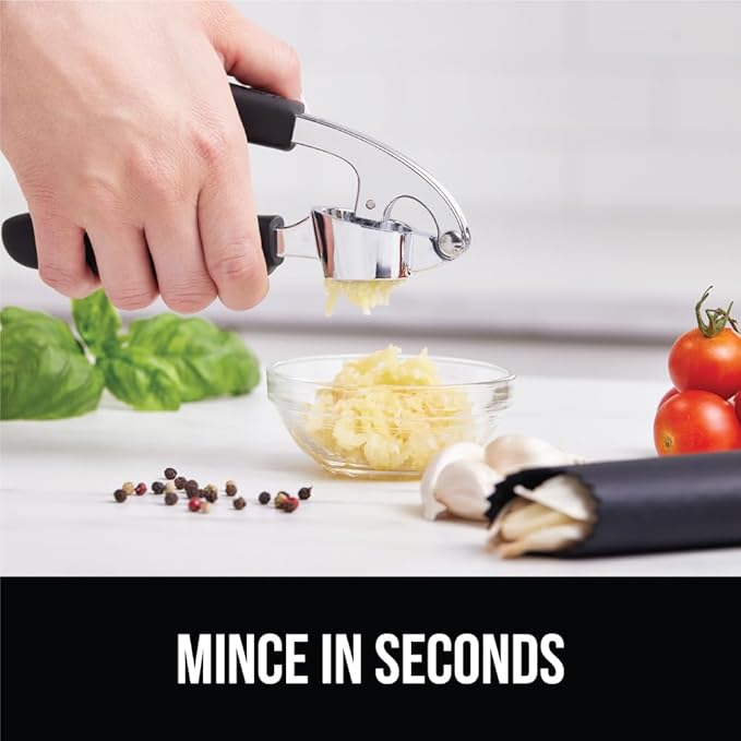 GORILLA GRIP Garlic Press and Peel Set, Heavy Duty Mincer Tool, Large Ergonomic Handle, Easily Mince, Crush Garlics Ginger Nuts, Peeler Included for Peeling Cloves, Holiday Prep Kitchen Gadgets, Black