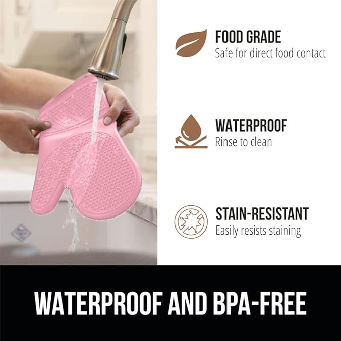 GORILLA GRIP BPA-Free Soft Silicone Oven Mitts, 14.5x8.3, Heat Resistant and Waterproof Cooking Gloves, Thick Cotton Lining, Flexible Gripping for Baking Grilling, Kitchen Potholders Set of 2, Pink
