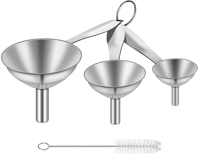 Stainless Steel Funnels, 3 in 1 Metal Kitchen Funnels for Filling Bottle with Handy Handle for Transferring Essential Oils, Liquid, Fluid, Dry Ingredients & Powder, Durable and Dishwash