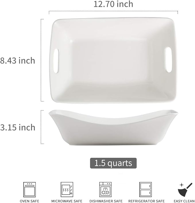 YHOSSEUN Large Serving Bowls with Handles White Serving Dishes For Entertaining, 1.5 Quarts Ceramic Bowl Set Rectangle Serving Platter for Thanksgiving, 2 Pack