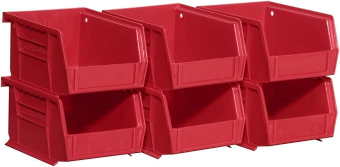 Akro-Mils 30210 AkroBins Plastic Storage Bins, Space-Saving Stackable Bins for Garage, Pantry, Craft Organization, 5-Inch x 4-Inch x 3-Inch, Red, 6-Pack