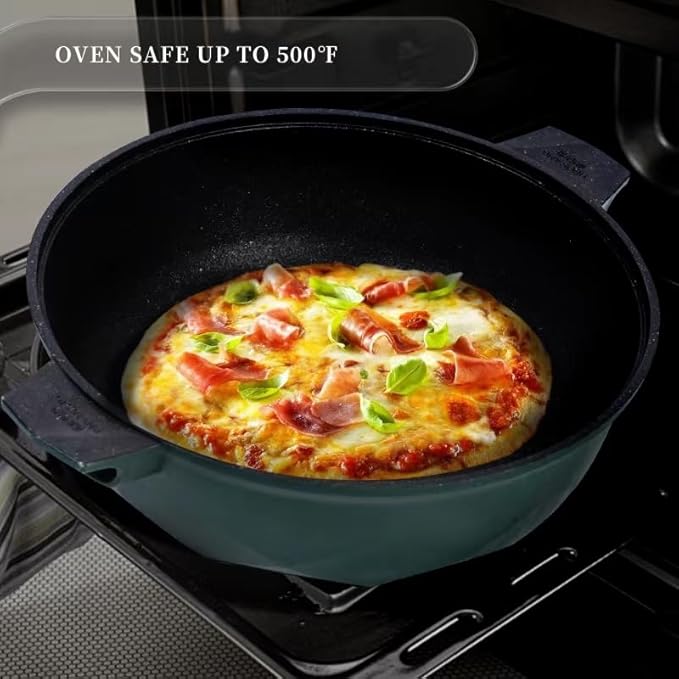 TIBORANG 8 in 1 Multipurpose 11 Inch 5 Quart Heat Indicator Nonstick Deep Frying Pan with Glass Lid,Stay-cool Handle,Steamed Grid,PFOA-Free,Dishwasher&Oven Safe,Works with All Stovetops(Green)