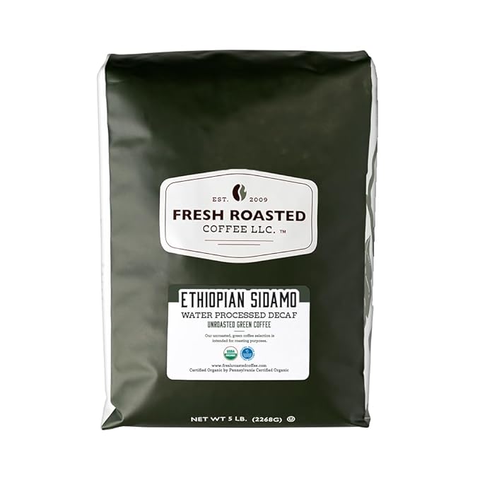 Fresh Roasted Coffee, Unroasted Organic Ethiopian Sidamo Water-Processed Decaf | USDA Organic, 100% Single Origin, Kosher | 5 Pound