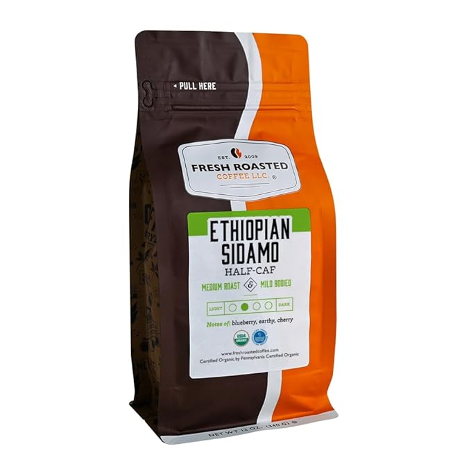 Fresh Roasted Coffee, Organic Ethiopian Sidamo Water-Processed Half-Caf | USDA Organic, 100% Single Origin, Kosher | Medium Roast 12 oz Whole Bean