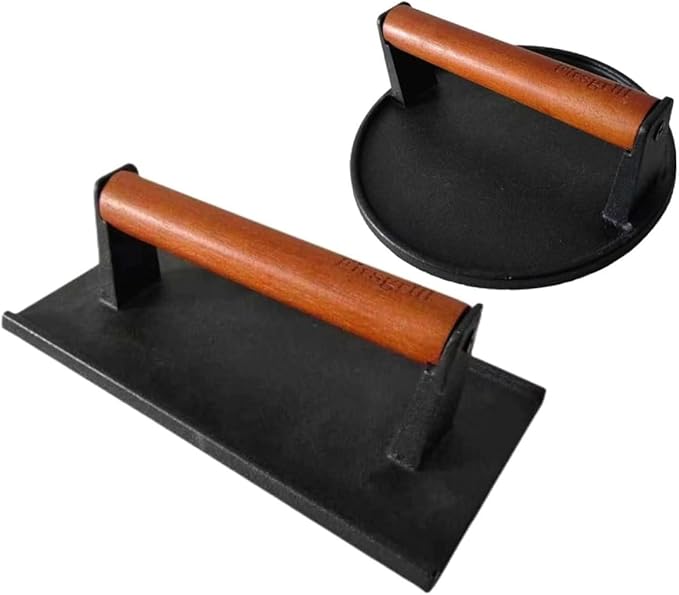 Firsgrill Burger Press 7.08" Round & 8.3”X4.3”Rectangle Heavy-Duty Cast Iron Smash Meat Steak With Wood Handle for Blackstone Camp chef Pitboss Weber Treager Griddle Grills (Round & Rectangle)