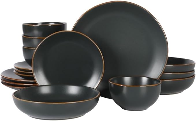 Gibson Home Hazeltine 16-Piece Black Stoneware Dinnerware Set – Plates and Bowls, Durable Ceramic Kitchen Dinner Set
