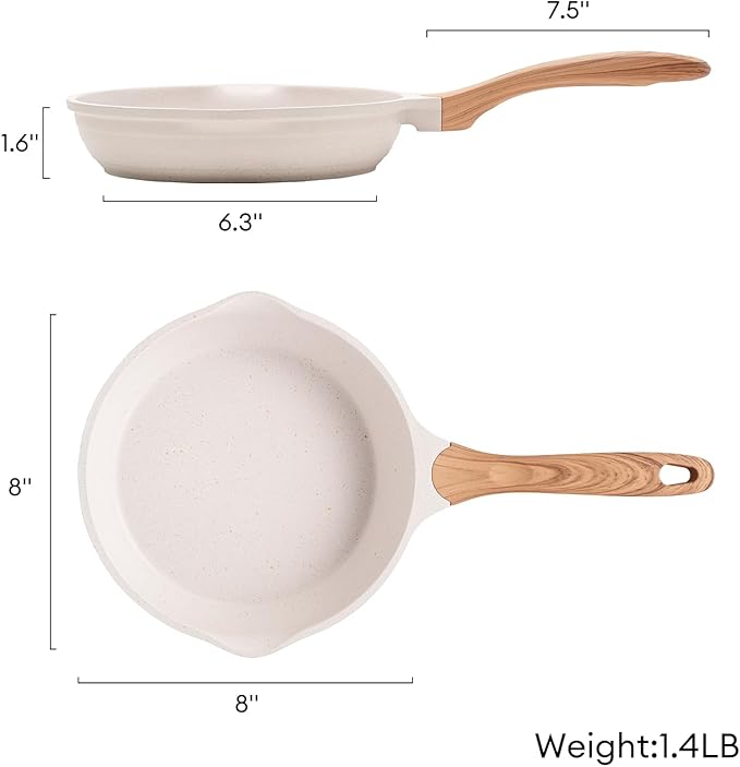 JEETEE 8 Inch Nonstick Frying Pan, Stone Coating Cookware, Nonstick Omelette Pan with Heat-Resistant Handle, Compatible with All Stoves (Beige)