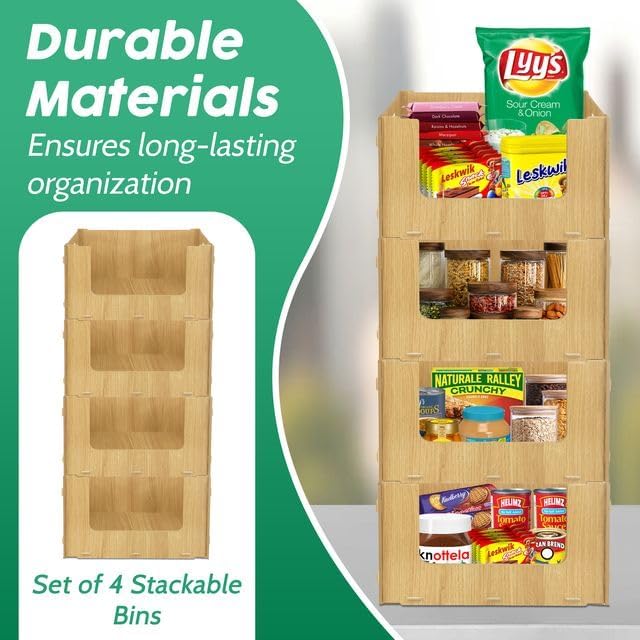 TidyFriend Wooden Stackable Storage Bins for Pantry Organizers and Storage 4 Pack, Pantry Storage for Food, Kitchen and Home Organization (Wood)