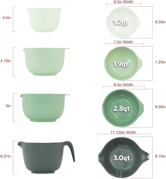 Glad Mixing Bowls with Pour Spout, Set of 4 - Nesting Plastic Bowls (1.2qt, 1.9qt, 2.8qt, and 3qt with Handle) - Non Slip Base, Dishwasher Safe Kitchen Cooking and Baking Supplies, Green