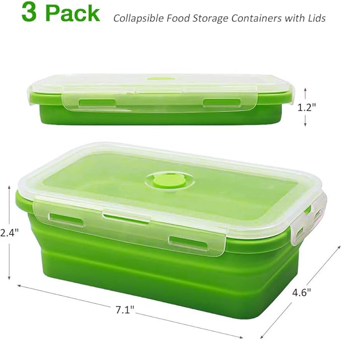 Alimat PluS 40.5oz Collapsible Food Storage Containers with Lids, 3 Pack Set 1200ml Silicone Food Storage Containers, Green Collapsible Food Storage for Kitchen and Outdoor Activities