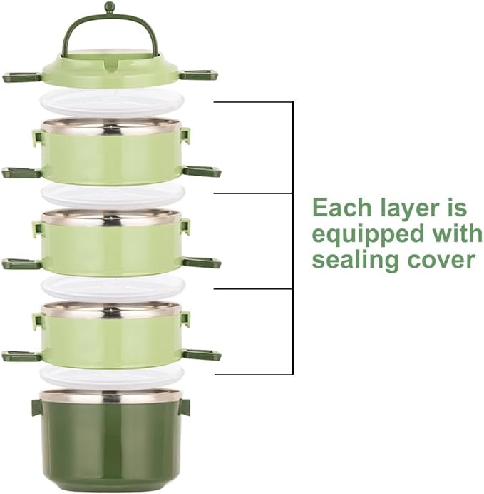SANQIAHOME 4 Tier Stackable Stainless Steel Lunch Box Sealed(green, 4 layers) with spoon and fork