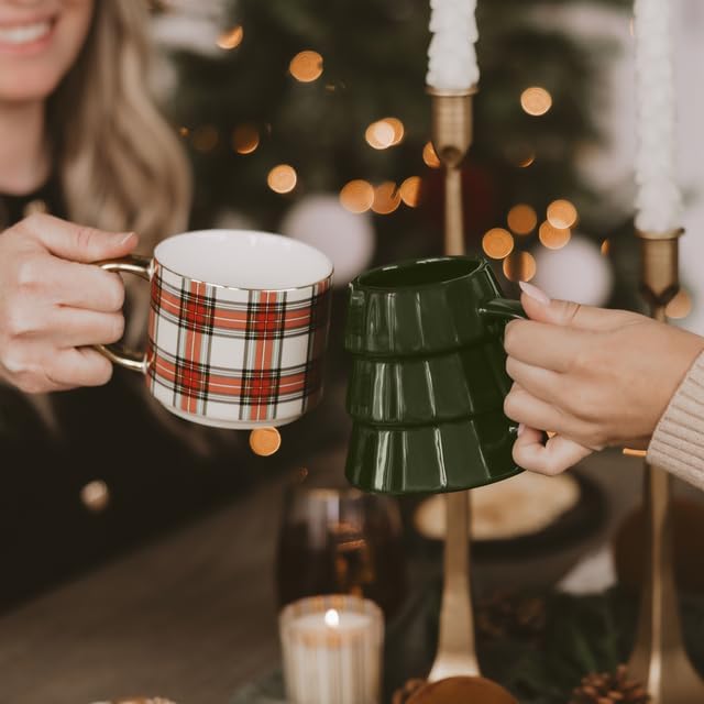 Sweet Water Decor White Plaid Coffee Mug, 14oz China Christmas Mug with Gold Handle, Large Holiday Winter Cup for Coffee, Tea & Hot Chocolate, Stocking Stuffer Gifts for Women