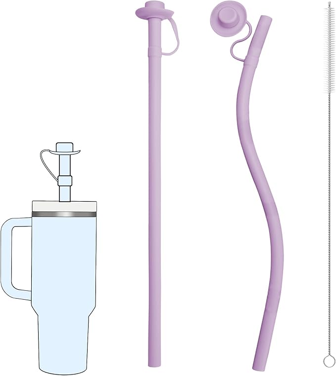 2PCS Reusable Silicone Straws with Cover, Bite-Safe, 12”Long Collapsible Drinking Straws for Stanley Owala Cups, Tumblers & Travel – Trim to Fit Any Cup (Purple)