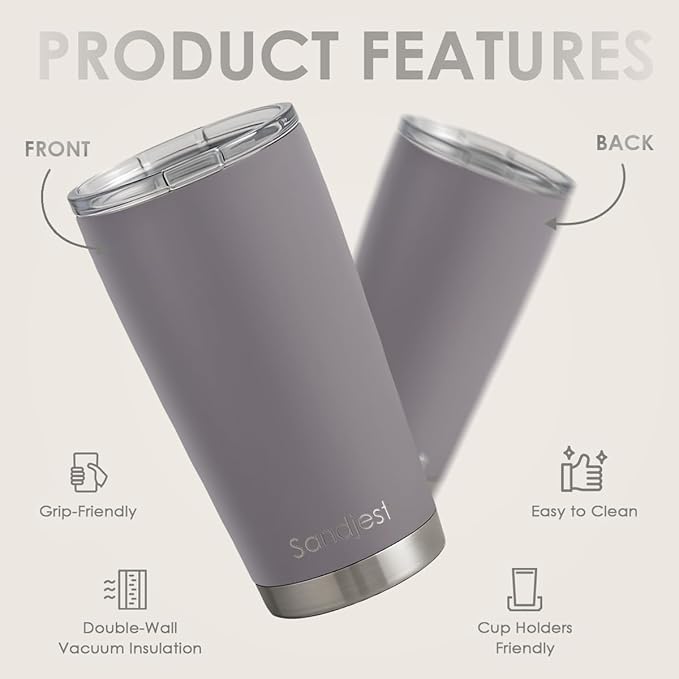 SANDJEST Gray Tumbler 20oz Stainless Steel Double Wall Vacuum Insulated, Travel Coffee Cup, Gifts for Men Women Birthday Christmas