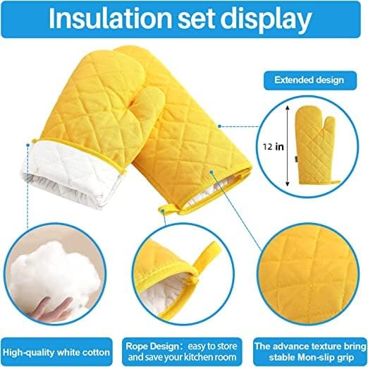 Oven Mitts and Pot Holders 4 pcs Set,High Heat Resistant 500 Degree Extra Thicken Long Kitchen Cotton Oven Glove for Cooking (12 Inch,Yellow)