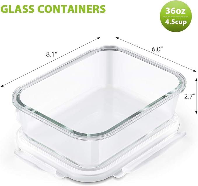 Bayco Large Glass Meal Prep Containers, 5 Pack, 36oz | 4.5cups, Food Storage With Lids, Airtight Bento Boxes, BPA Free & Leak Proof
