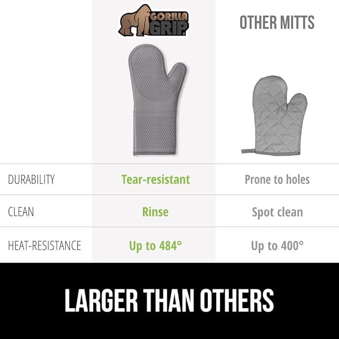 GORILLA GRIP BPA-Free Soft Silicone Oven Mitts, 14.5x8.3, Heat Resistant and Waterproof Cooking Gloves, Thick Cotton Lining, Flexible Gripping for Baking Grilling, Kitchen Potholders Set of 2, Gray