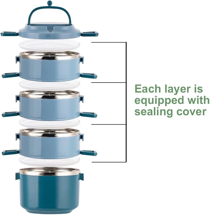 SANQIAHOME 4 Tier Stackable Stainless Steel Lunch Box Sealed(blue, 4 layers) with spoon and fork