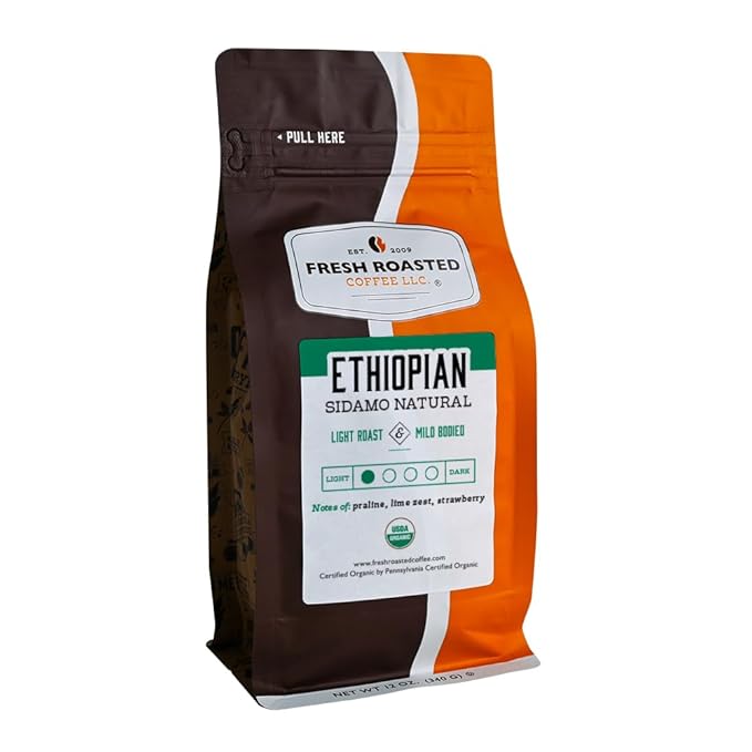 Fresh Roasted Coffee, Organic Ethiopian Sidamo Natural | USDA Organic, 100% Single Origin, Kosher | Light Roast 12 oz Whole Bean