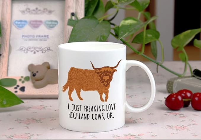 LOZACHE Highland Cow Coffee Mug, 11oz Highland Cattle Ceramic Mug Tea Milk Cup, Funny Gag Gift Ideas White Elephant for Adults Men Women Friends Cow Lovers