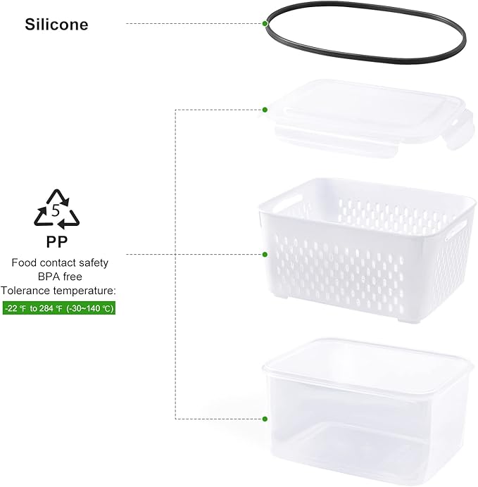 5 PCS Large Fruit Containers for Fridge - Leakproof Food Storage Containers with Removable Colander - Dishwasher & microwave safe Produce Containers Keep Fruits, Vegetables, Berry, Meat Fresh longer