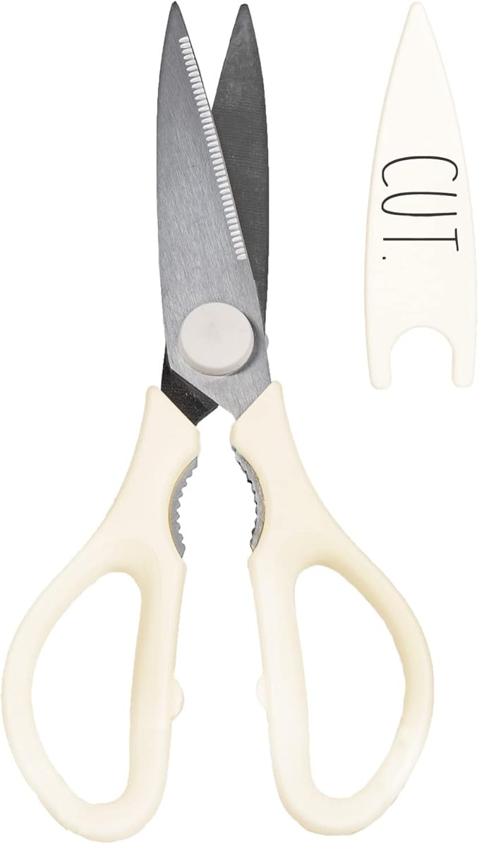 Rae Dunn Kitchen Scissors- Stainless Steel Kitchen Shears, Cooking Scissors for Cutting Meat, Chicken, Herbs and Produce with Blade Cover and Soft Grip Handles(White)