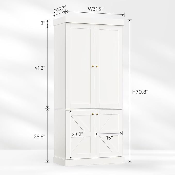 70.8" Tall Farmhouse Kitchen Pantry Cabinet with Doors, Modular Wooden Storage Hutch with 4-Tier Adjustable Shelves, White Buffet Cabinet for Kitchen or Living Room, Set of 3