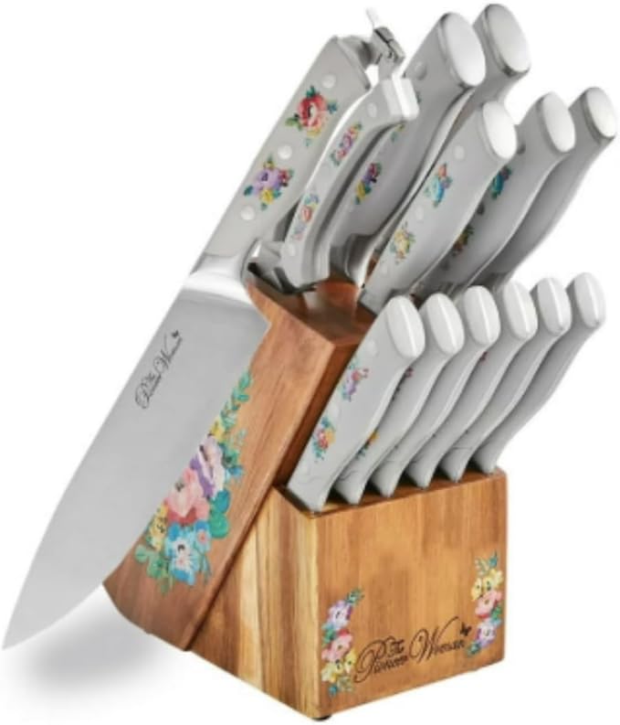 Pioneer Woman 14-Piece Stainless Steel Knife Block Set, Forged High-Alloy Blades, Full-Tang Handles, Acacia Wood Gray Floral
