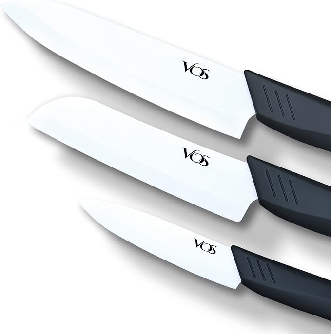 Vos Ceramic Knife Set in Elegant Gift Box, Ceramic Knives Set For Kitchen, Ultra Sharp Kitchen Knife Set with Covers, 4" 5" 6" Paring, Santoku & Chef Knife, Lightweight, Dishwasher safe (Black Handle)