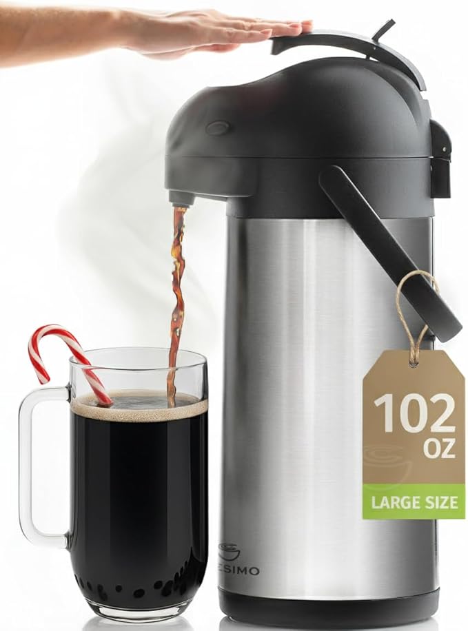 Cresimo Coffee Carafe with Pump - 102oz / 3L Airpot 12 Hours Large Hot Water Carafe, Cocoa Dispenser for Parties - Tea Flask, Insulated Stainless Steel Airpots for Hot Beverage Dispenser -Coffee Pump