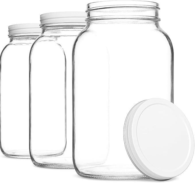 kitchentoolz Set of 3 One Gallon Large Glass Jar with Lid – Wide‑Mouth Gallon Mason Jar for Sun Tea, Pickling, Kombucha – 1 Gallon Glass Jug Made in USA