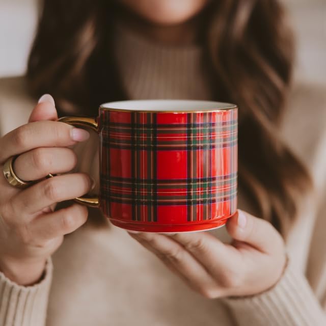 Sweet Water Decor Red Plaid Coffee Mug, 14oz China Christmas Mug with Gold Handle, Large Holiday Winter Cup for Coffee, Tea & Hot Chocolate, Stocking Stuffer Gifts for Women