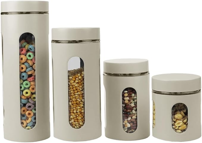 Home Basics Retro Kitchen Canisters For Countertop (4 Piece Set) Grey Glass with Metal Finish; See-Through Windows; Great For Flour, Coffee, Sugar, Dry Ingredients, Snacks