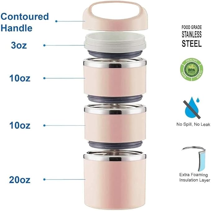 Lille Home Stackable Stainless Steel Thermal Compartment Lunch/Snack Box, 3-Tier Insulated Bento/Food Container with Lunch Bag, Utensils Set and Three Extra Seals, 43OZ (Gold)