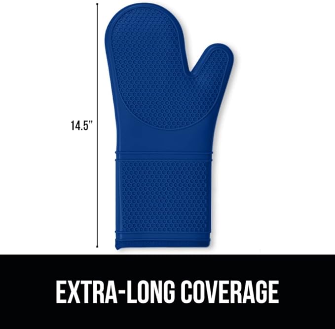 GORILLA GRIP BPA-Free Soft Silicone Oven Mitts, 14.5x8.3, Heat Resistant and Waterproof Cooking Gloves, Thick Cotton Lining, Flexible Gripping for Baking Grilling, Kitchen Potholders Set of 2, Blue