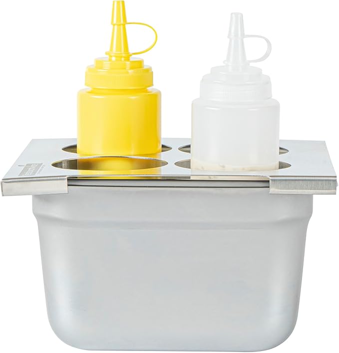 Restaurantware Squeeze Bottle Template Pack of 1 Stainless Steel 4 Hole Holder Top, 2.5" Diameter Fits 1/6 Size Food Pans, Dishwasher Friendly Integrated Lip Design Holder Top for Condiment Bottles