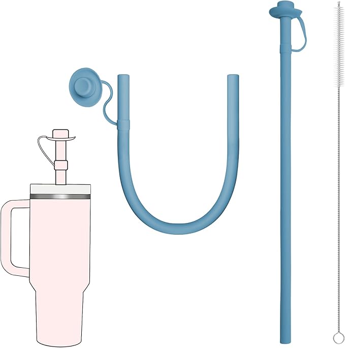 2PCS Reusable Silicone Straws with Cover, Bite-Safe, 12”Long Collapsible Drinking Straws for Stanley Owala Cups, Tumblers & Travel – Trim to Fit Any Cup (Blue)