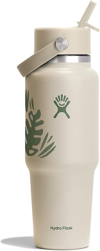 Hydro Flask Travel Water Bottle - Insulated Stainless Steel - Wide Straw Lid, Non Spill, Leakproof in 32 Oz Botanical Bliss Coconut