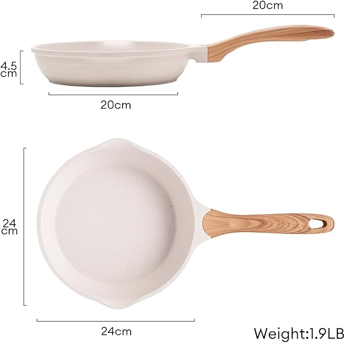 JEETEE 9.5 Inch Nonstick Frying Pan, Stone Coating Cookware, Nonstick Omelette Pan with Heat-Resistant Handle, Compatible with All Stoves (Beige)