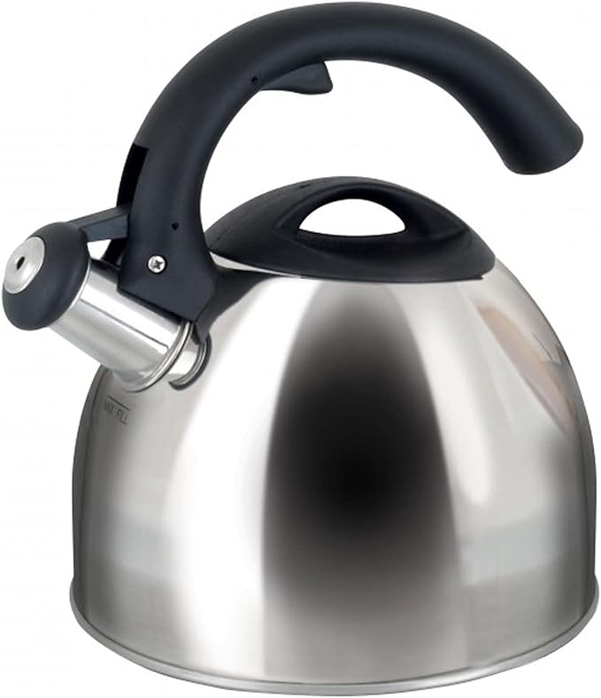 Mr Coffee Steamline 2 Quart Whistling Stainless Steel Tea Kettle with Black Handle