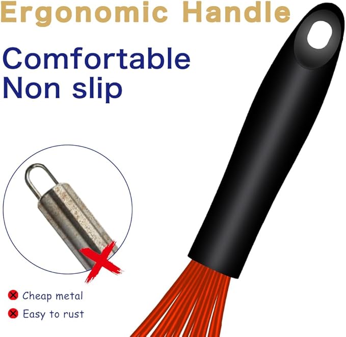 Red Silicone Whisk, Sealed Waterproof Design Set of 3, Professional Kitchen Whisks for Cooking Non-Scratch, Silicone & Stainless Steel Whisk, Heat Resistant 480°F Balloon Egg Beater