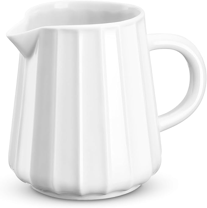 Gurygo Wave Shaped 9 Oz Classic White Creamer with Handle - Small Creamer Pitcher - Fine Porcelain Ceramic Pitcher for Coffee Milk Sauces Salad, Microwave & Freezer Safe