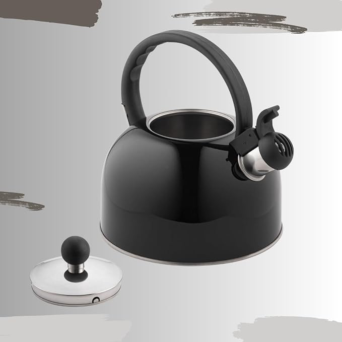 Venoly 2.5 Liter Whistling Tea Kettle - Modern Stainless Steel Whistling Tea Pot for Stovetop Hot Water Boiler with Cool Grip Ergonomic Handle (Black, 2.5 Liter)