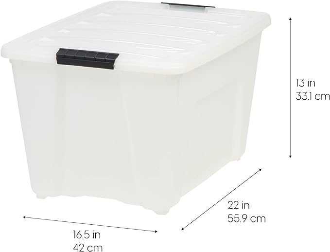 IRIS USA 54 Qt Stackable Plastic Storage Bins with Lids, 6 Pack - BPA-Free, Made in USA - Discreet Organizing Solution, Latches, Durable Nestable Containers, Secure Pull Handle - Pearl