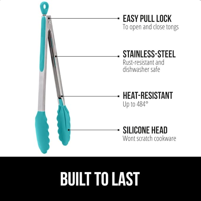 GORILLA GRIP Stainless Steel Heat Resistant Kitchen Tongs for Cooking, 9 + 12 Inch, Set of 2 BBQ Tong, Non Scratch Silicone Tip for Pan, Strong Grip, Grab Food, Salad, Air Fryer, Pull Lock, Turquoise
