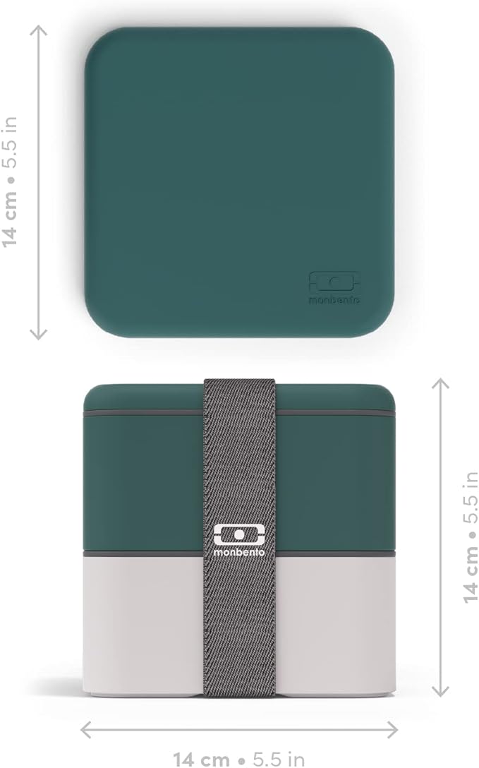 monbento - Large Bento Lunch Box MB Square green Pine/gray Coton with Compartments - Leakproof Lunch Box for Work/Picnic/Meal Prep - BPA Free – Microwave & Dishwasher Safe - Green & Gray