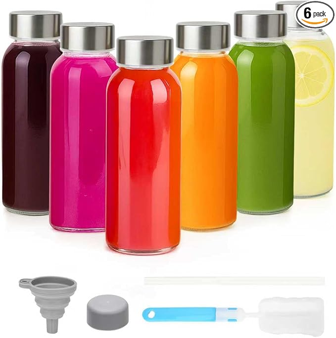 Zukro Clear Glass Juice Bottles 10.5 oz, 6 Pack Reusable 300ml Glass Jars With Airtight Stainless Steel Lids for Juicing, Milk, Ginger Shot, Smoothie, Leak Proof Small Water Container, BPA Free