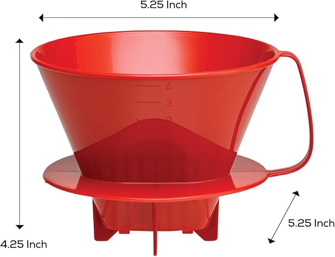 Fino Pour-Over Coffee Brewing Filter Cone, Number 4-Size, Red, Brews 8 to 12-Cups