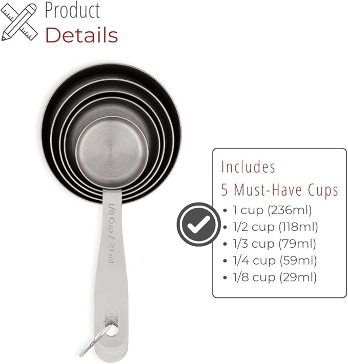 husMait Stainless Steel Measuring Cups - 5 Piece Heavy Duty Measuring Cup Set with Storage Ring
