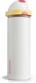 Insulated Water Bottle with Straw - Encool Stainless Steel Water Bottle with Push Button Lid, Leak-Proof & BPA-Free, Keeps Cold for 24 Hours for Sports, Travel, Gym (24 oz, Quill Grey-Red)